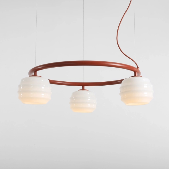 Okrągła lampa wisząca 3-płomienna w kolorze terakoty ze szklanymi kloszami PUFF 3 RING TERRA