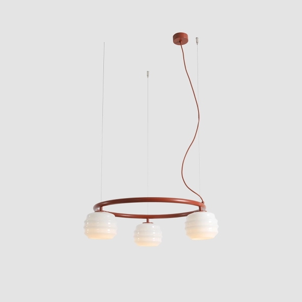 Okrągła lampa wisząca 3-płomienna w kolorze terakoty ze szklanymi kloszami PUFF 3 RING TERRA