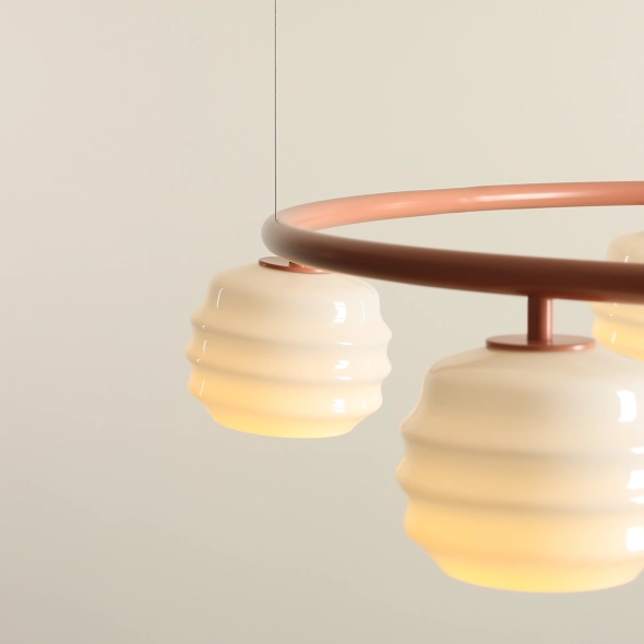 Okrągła lampa wisząca 5-płomienna w koralowym kolorze ze szklanymi kloszami PUFF 5 RING CORAL
