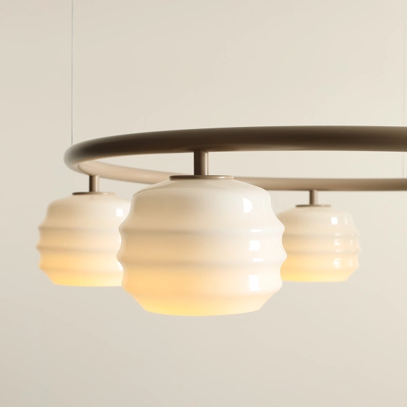 Okrągła lampa wisząca 5-płomienna w beżowym kolorze ze szklanymi kloszami PUFF 5 RING BEIGE